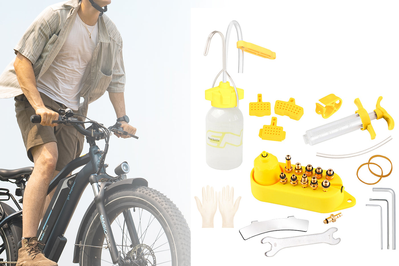 Cyclist on Magicycle ebike with brake bleed kit components and yellow funnel for maintenance.
