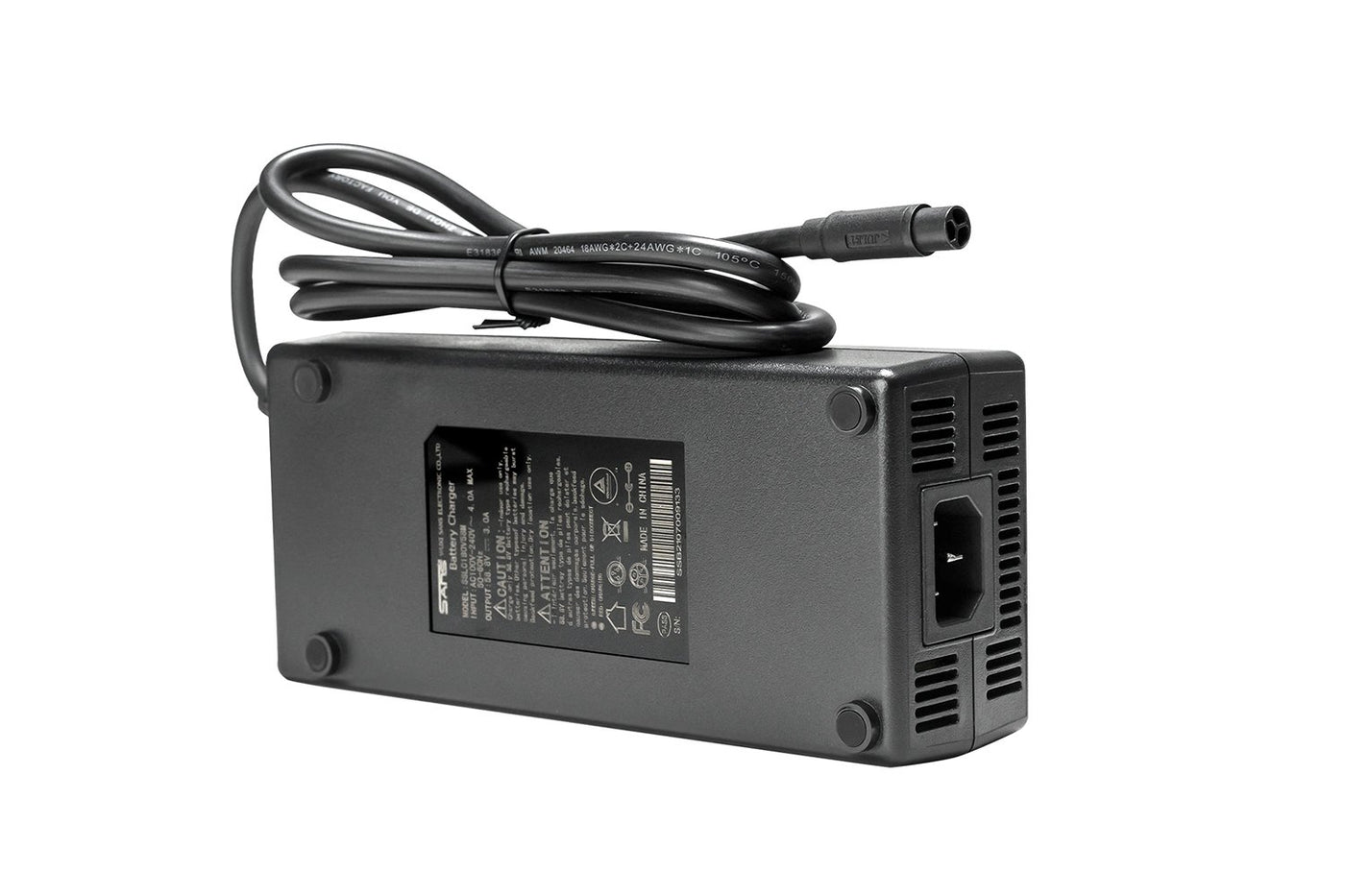 Magicycle electric bike charger with AC power cables and specifications on the back.