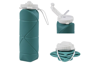 Teal collapsible silicone water bottle with straw and secure lid