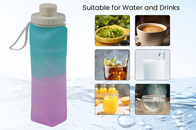 Collapsible silicone water bottle for drinks with straw and secure lid