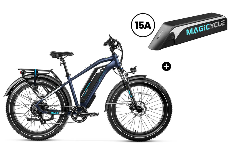 Magicycle Cruiser Pro E-Bike with 15A battery and durable fat tires for adventurous rides.