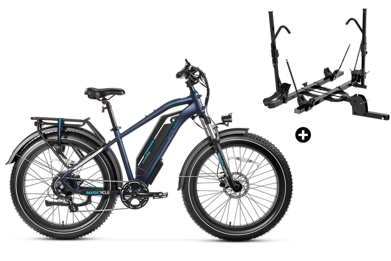 Magicycle Cruiser Pro electric bike with fat tires and bike rack attachment for secure transport.