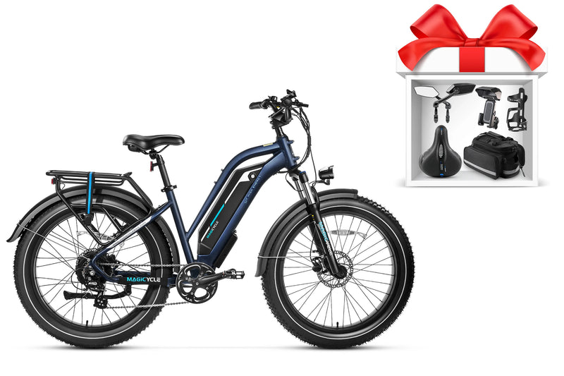 Magicycle Cruiser Pro electric bike with fat tires and accessory gift box.