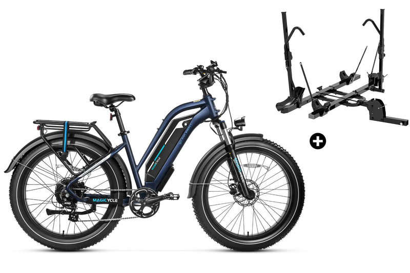Magicycle Cruiser Pro electric bike beside bike rack for secure transportation.