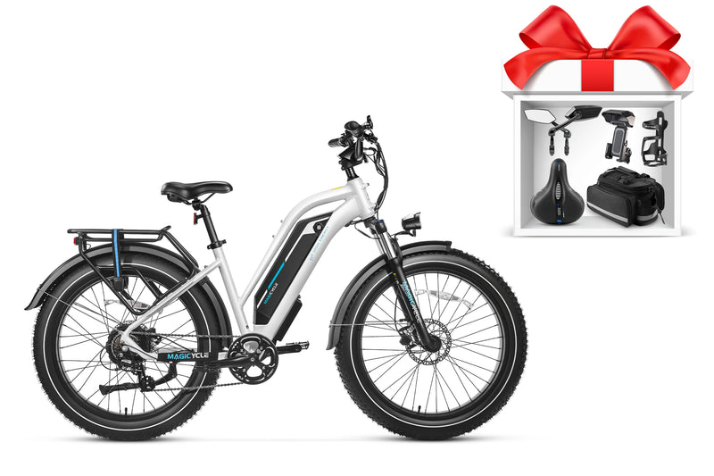 Magicycle Cruiser Pro electric bike with gift box of accessories on a white background