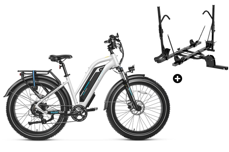 Magicycle Cruiser Pro electric bike with fat tires and bike rack attachment