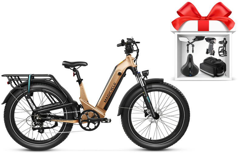 Gold Magicycle Deer step-thru ebike with fat tires and rear rack, includes accessories.