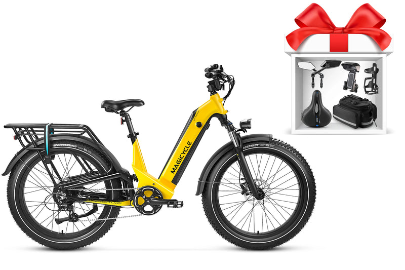 Magicycle Deer yellow fat tire ebike with rear rack and included accessories for outdoor rides.