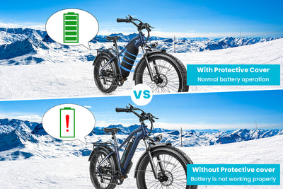 Ebike with battery cover functioning vs. without cover showing low battery alert in snow.