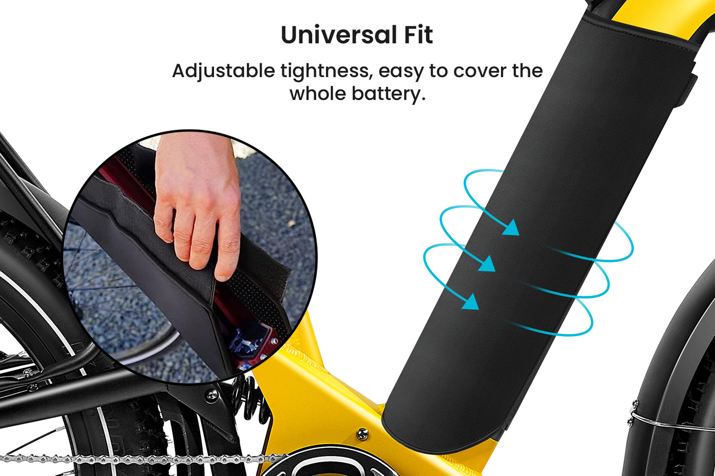 E-bike battery cover showing adjustable fit, ideal for winter weather protection.