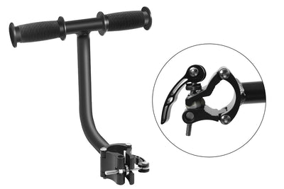 Black ebike rear seat handlebar with textured grips and quick-release clamp.
