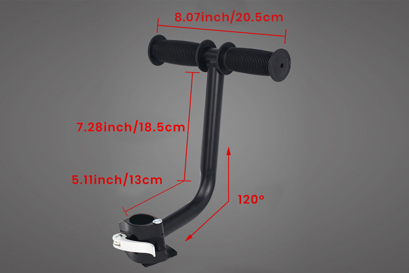 Ebike rear seat handlebar armrest with anti-slip grips and size details.