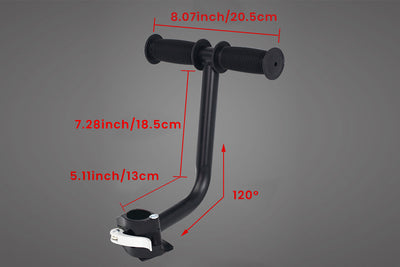 Ebike rear seat handlebar armrest with anti-slip grips and size details.