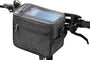 Black electric bike handlebar bag with touch screen and storage compartments.