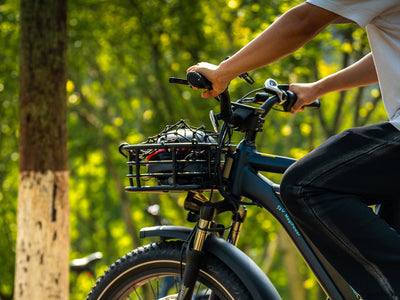 Person cycling with a mounted front basket in a sunny green park