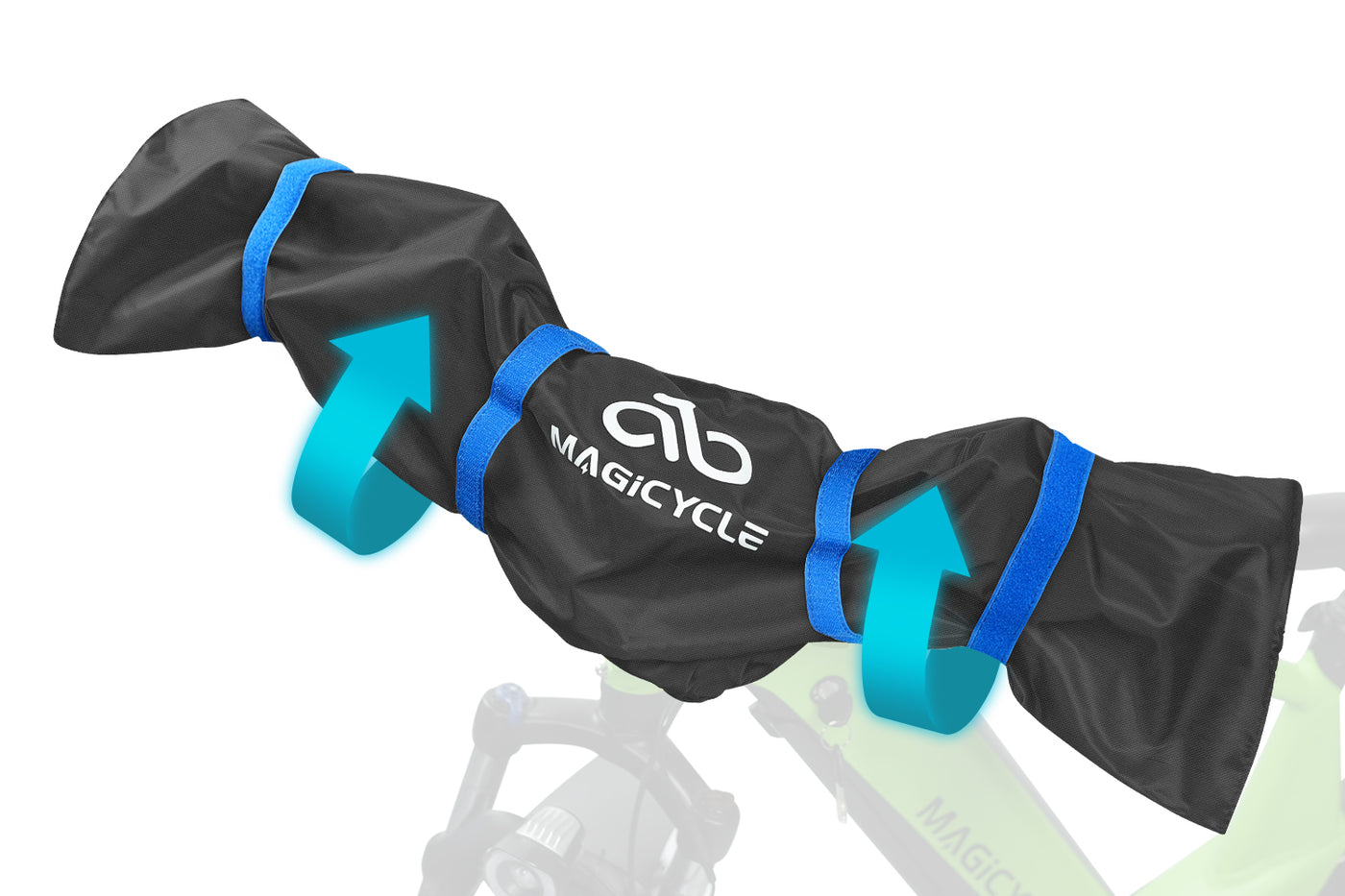Magicycle handlebar cover in black with blue straps, protecting e-bike components