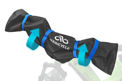 Magicycle handlebar cover in black with blue straps, protecting e-bike components