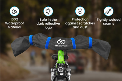 Magicycle waterproof handlebar cover with reflective logo on an e-bike