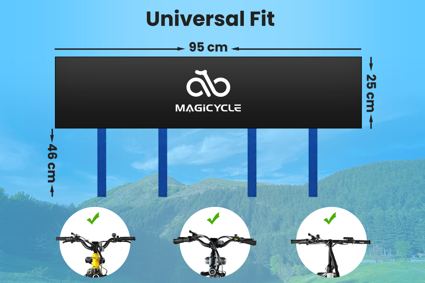 Magicycle handlebar protective cover dimensions with logo and fit indicators for e-bikes