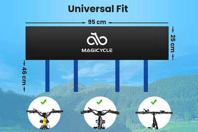 Magicycle handlebar protective cover dimensions with logo and fit indicators for e-bikes