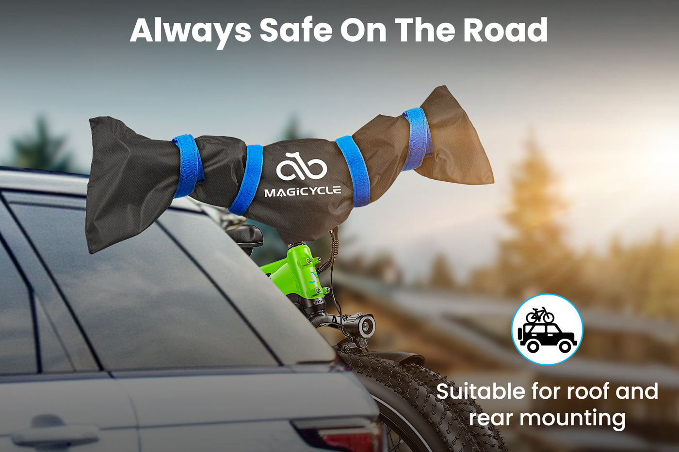 Magicycle handlebar cover displayed on e-bike roof rack, featuring blue straps and safety text.