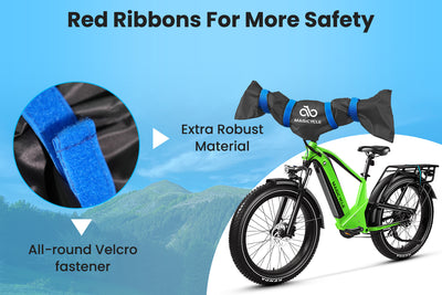 Magicycle handlebar cover features red ribbons and robust material for safety on an e-bike.