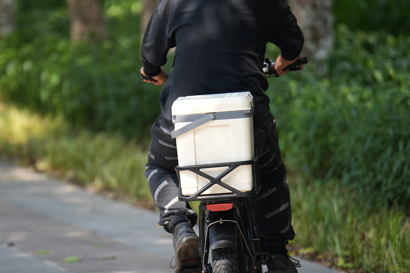 Insulated hard cooler mounted on e-bike rear rack for outdoor excursions.