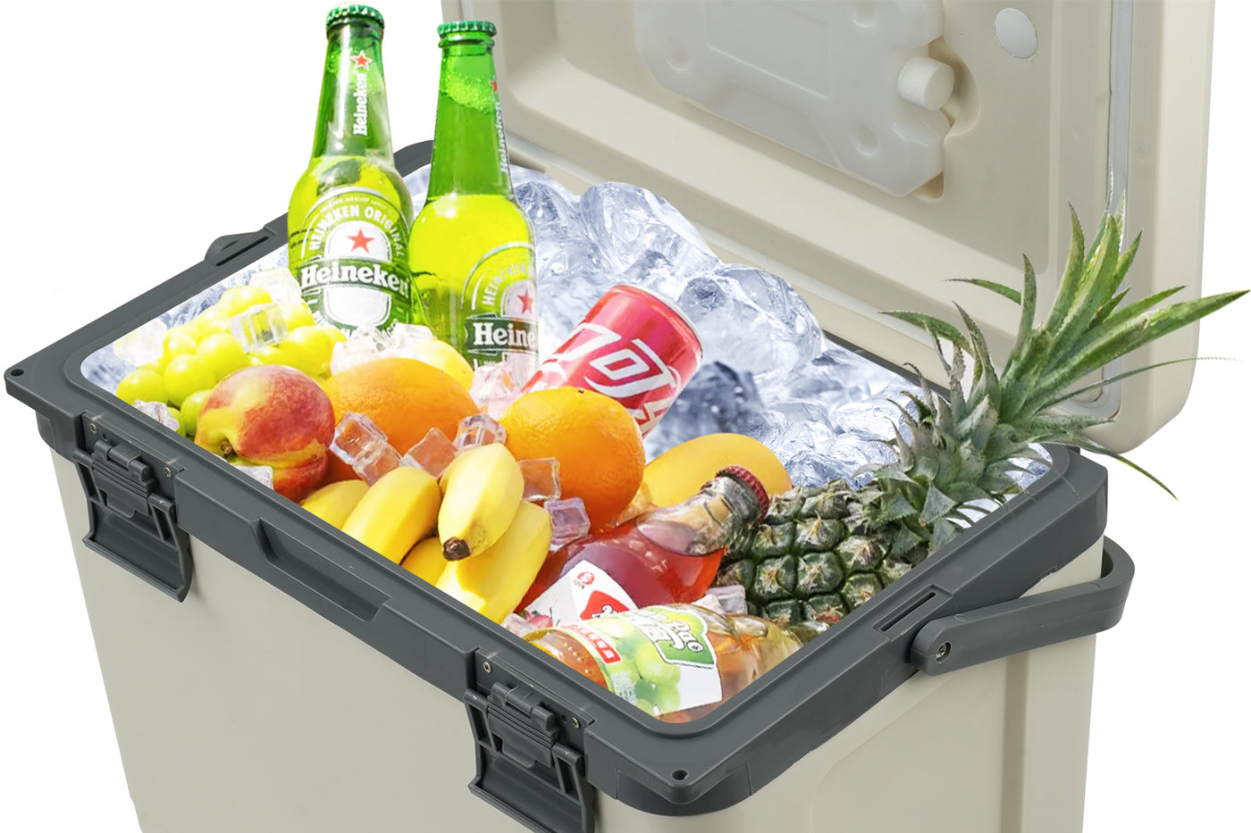 Hard cooler filled with ice, drinks, and fruits, perfect for outdoor activities.