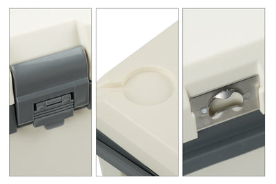 Durable latch and bottle opener on hard cooler for outdoor use