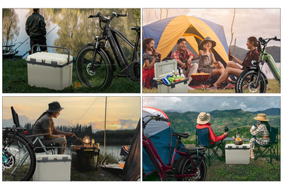 Various outdoor scenes featuring insulated hard cooler with e-bikes and people enjoying beverages.