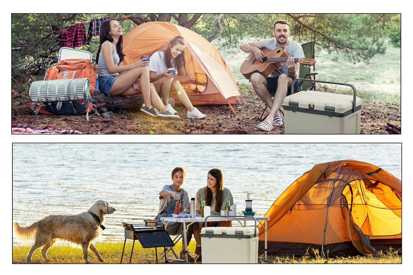People by the lake with insulated hard cooler, enjoying a picnic and outdoor activities.