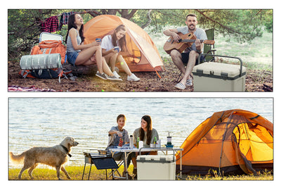 People by the lake with insulated hard cooler, enjoying a picnic and outdoor activities.