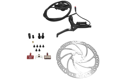 Hydraulic disc brake kit for ebikes featuring lever, rotor, pads, and fittings.