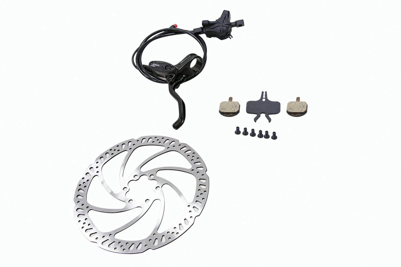 Hydraulic disc brake kit for ebikes with lever, rotor, cable, pads, and screws.
