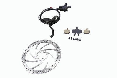 Hydraulic disc brake kit for ebikes with lever, rotor, cable, pads, and screws.