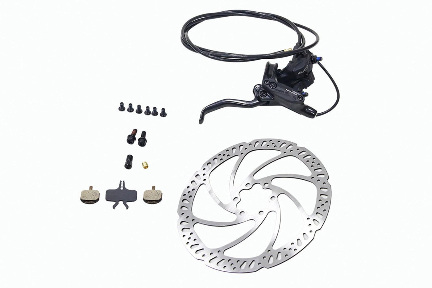 Complete hydraulic brake kit for ebikes including lever, rotor, and components.