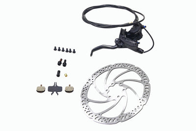 Complete hydraulic brake kit for ebikes including lever, rotor, and components.