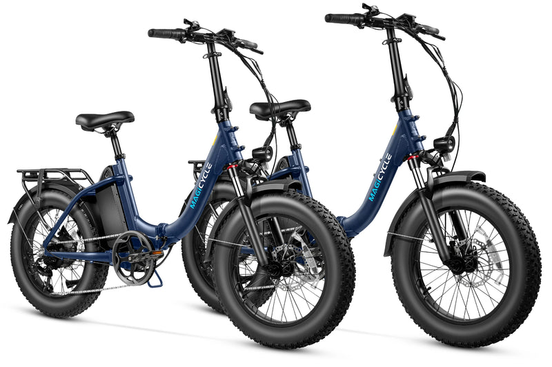 Navy blue and white Magicycle Jaguarundi 2.0 fat tire electric bikes for adventure.