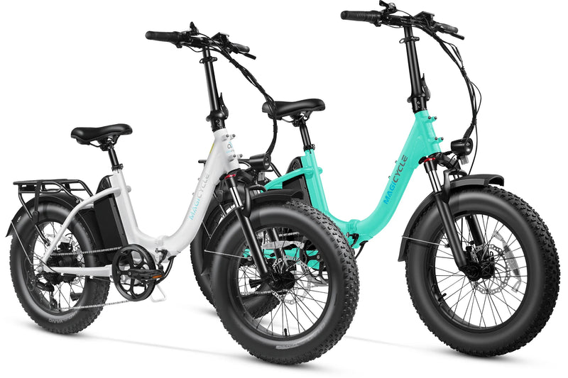 White and teal Magicycle Jaguarundi 2.0 fat tire electric bikes for outdoor adventures.
