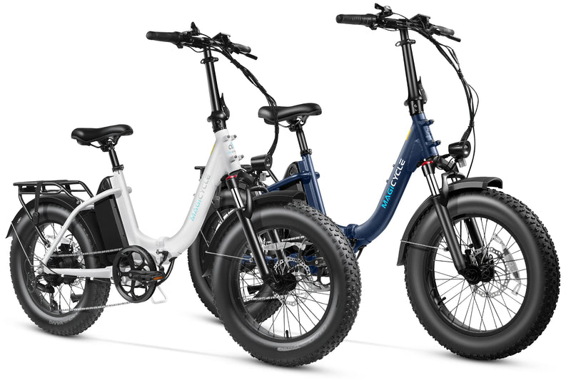 Magicycle Jaguarundi 2.0 torque sensor fat tire ebikes in white and navy blue