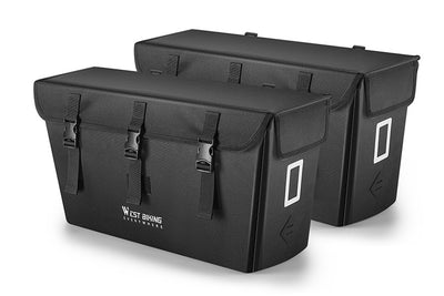 Large black cargo pannier bags for bicycles with reflective strips and secure buckles