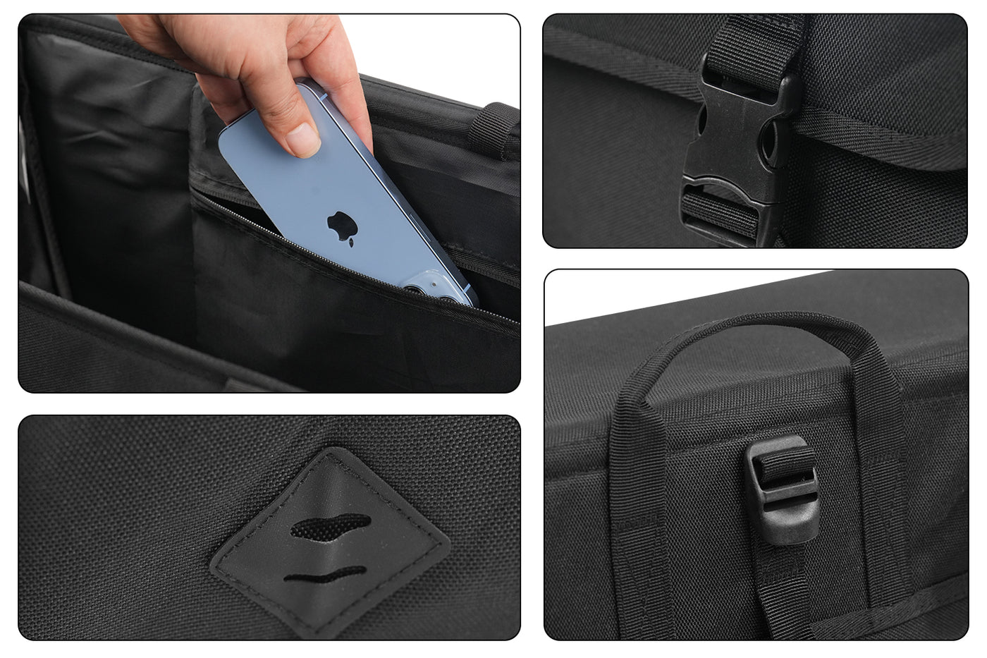 Black cargo pannier bag with phone pocket and sturdy buckles for secure storage