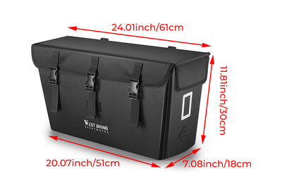 Large black bicycle cargo pannier bag with secure fasteners, dimensions shown.