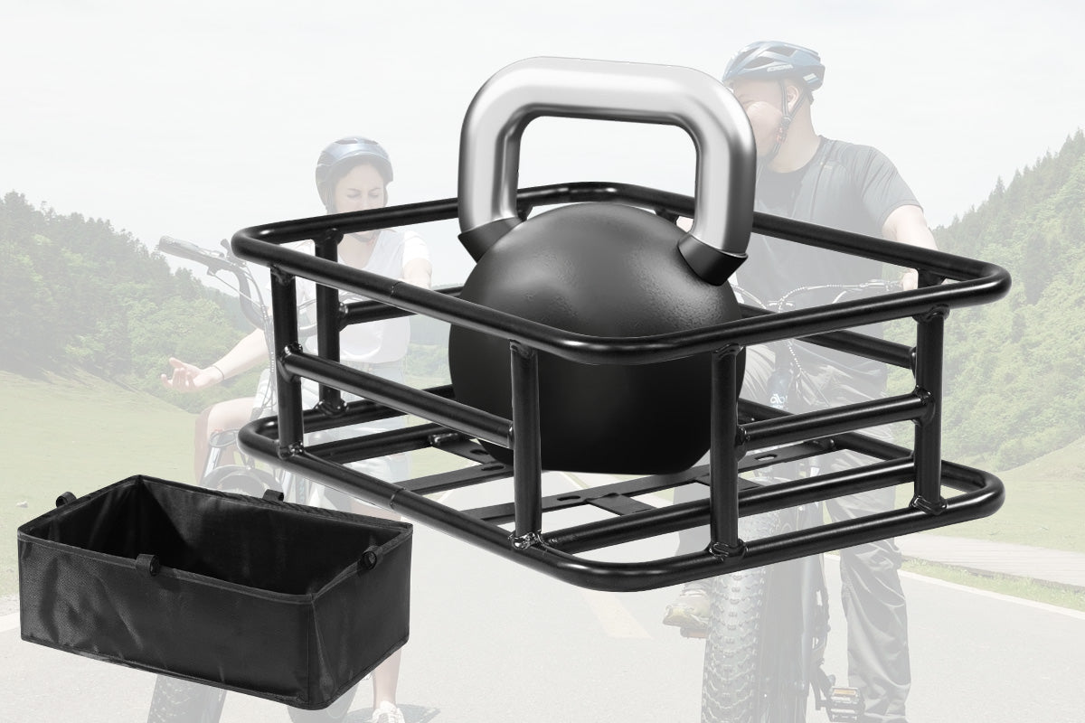 Large ebike rear basket with kettlebell and removable liner for extra storage