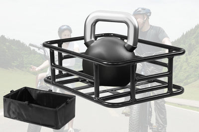 Large ebike rear basket with kettlebell and removable liner for extra storage