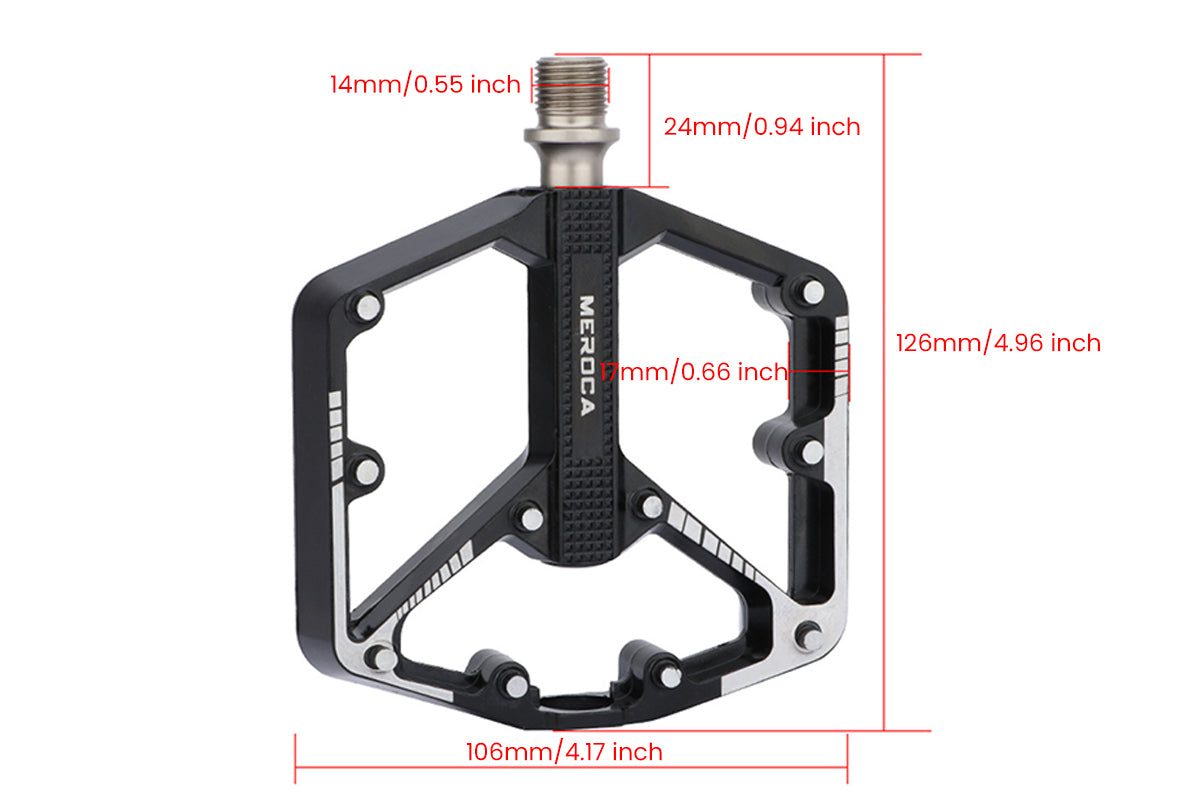 Dimensions of black MEROCA ergonomic bicycle pedal with 3 bearings.