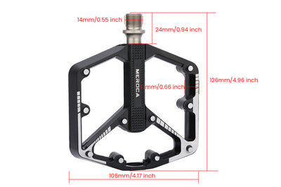 Dimensions of black MEROCA ergonomic bicycle pedal with 3 bearings.