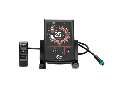 Magicycle ebike display panel showing speed, battery, trip distance, and assist level.