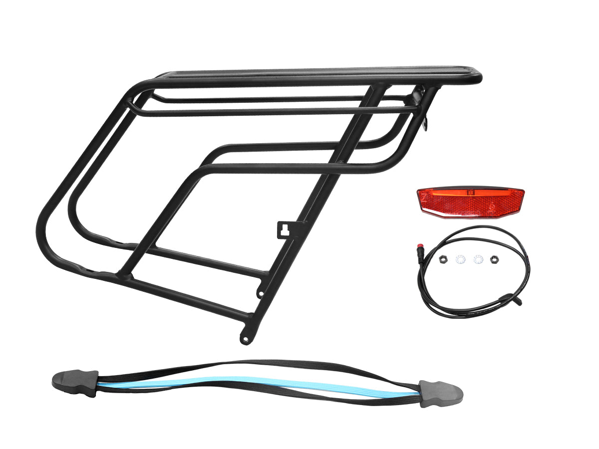 Magicycle ebike rear rack with tail light and strap for added cargo capacity