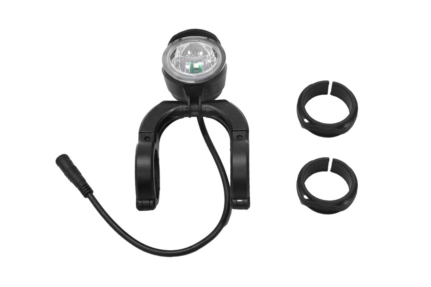 Magicycle ebike front light with 80 lumens, includes mounting hardware and power cable.